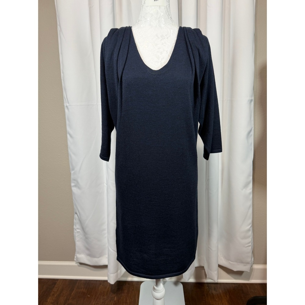 Ann Taylor LOFT Navy Blue Merino Wool Blend V-Neck Draped Sweater Dress Small